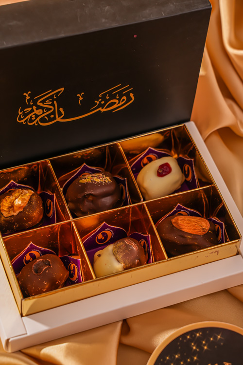Assorted Chocolate Dates Ramadan Box Of 6 gift box packaging - Jove artisan chocolates